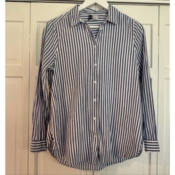 H&M classic blue cotton striped button down blouse 8 - Picture 2 of 8